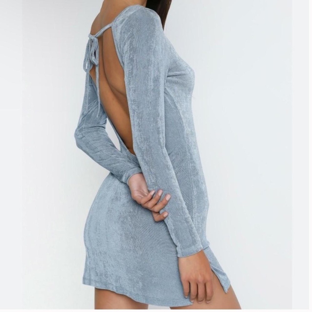 LIONESS DUSTY BLUE BACKLESS LONG SLEEVE MINI DRESS